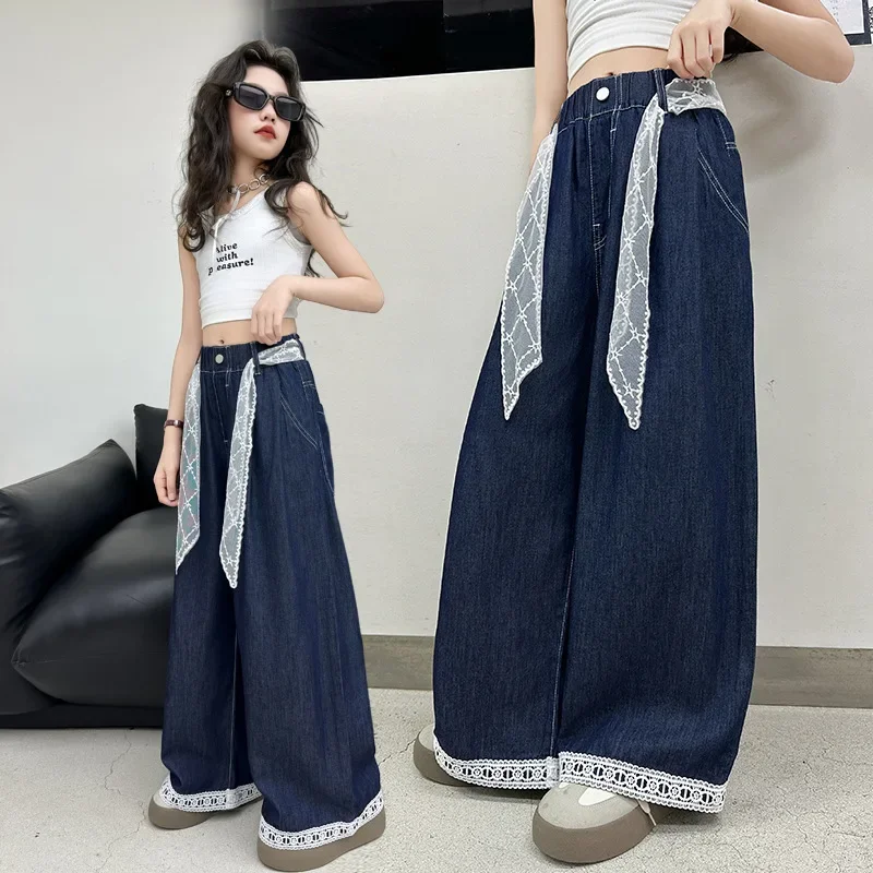 

Kids Fashion Wide Leg Jeans With Lace Bottom for Tween Girl Causal Loose Fit Denim Pants Child Street Trousers Lace Drawstring