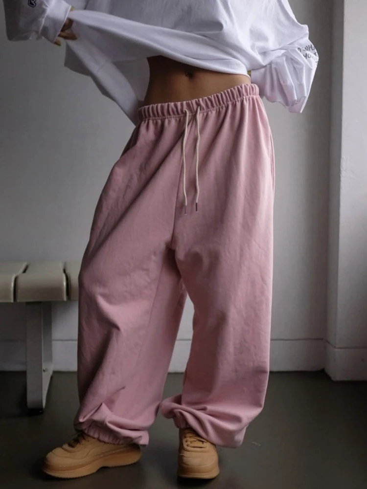Y2K solid color loose sports pants for women, elastic waist drawstring wide leg jogging pants, street wear casual pants