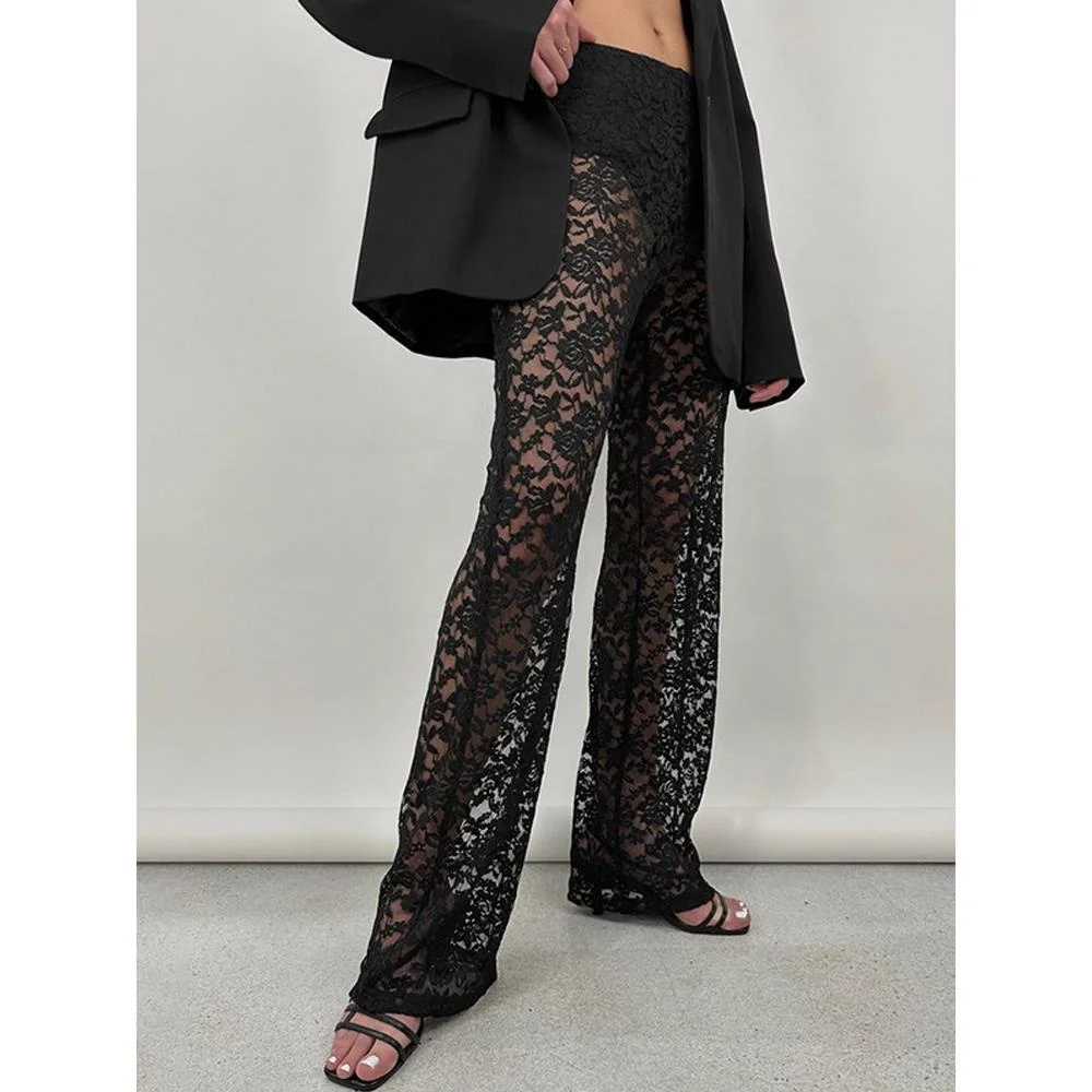 Calças Casuais de Cintura Alta com Renda Translúcida, Modelagem Slim, Estilo Street, Perna Reta Assimétrica para Mulheres de Meia-Idade, Poliéster F...