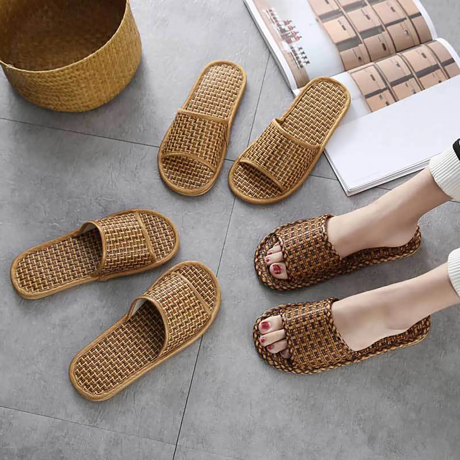 Rattan Linen Home Slippers for Women Men Summer Wisteria Woven Cooling Floor Indoor Slides Unisex Bedroom Shoes Mujer Zapatilla