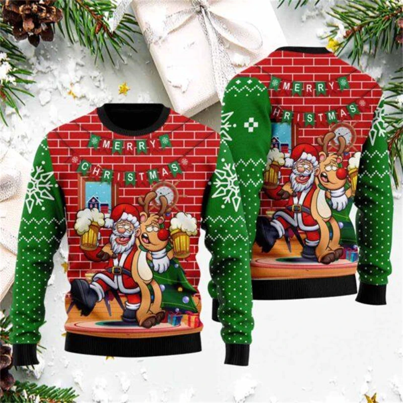 Sweater Natal Santa Claus Grafis Lucu untuk Pria, Kasual Musim Gugur Musim Dingin, Sweater 3D Print Longgar dan Bernapas