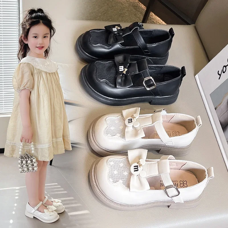 

2025 New Girls Princess Leather Shoes Fashion Hollow-out Children Causal Shoes with Bowknot Versatile Kids Party Wedding Shoes