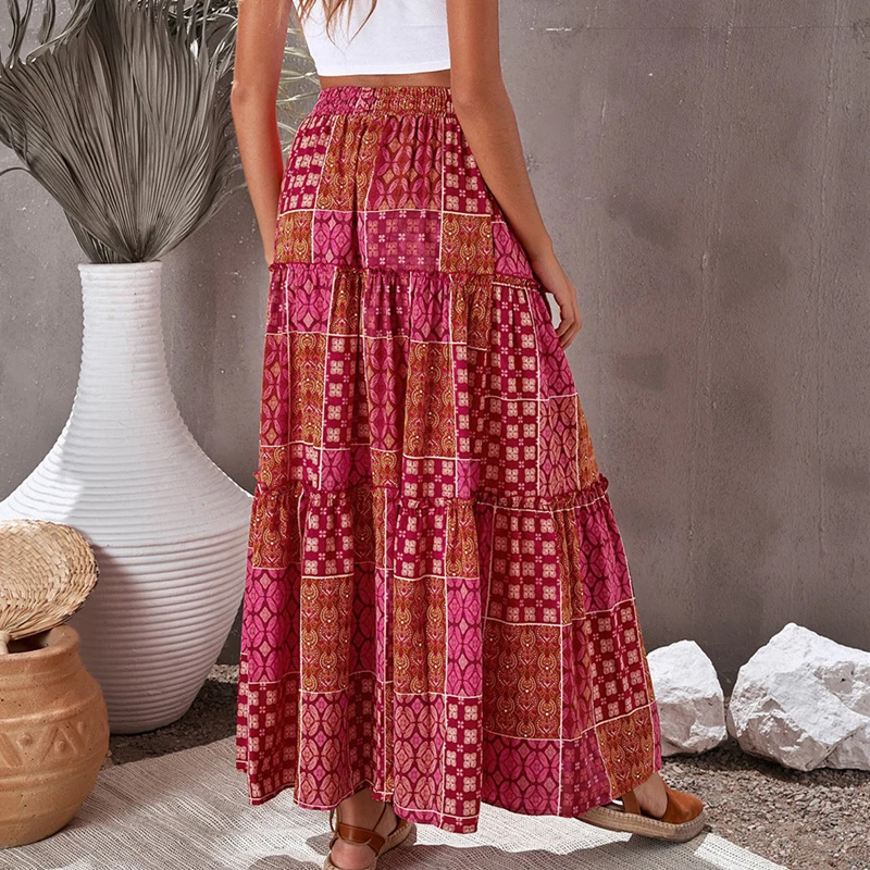 Sommer Frauen Lose Böhmischen Rock Neue Mode Elegante A-line Schaukel Strand Röcke Damen Casual Elastische Hohe Taille Gedruckt Rock