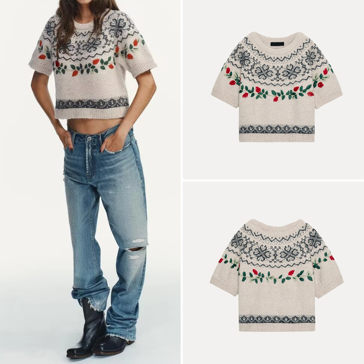 

Ele ort Sve Knitted Top with Embroidery And Flower Pattern for Women round Ne ort Length European Sle Faion