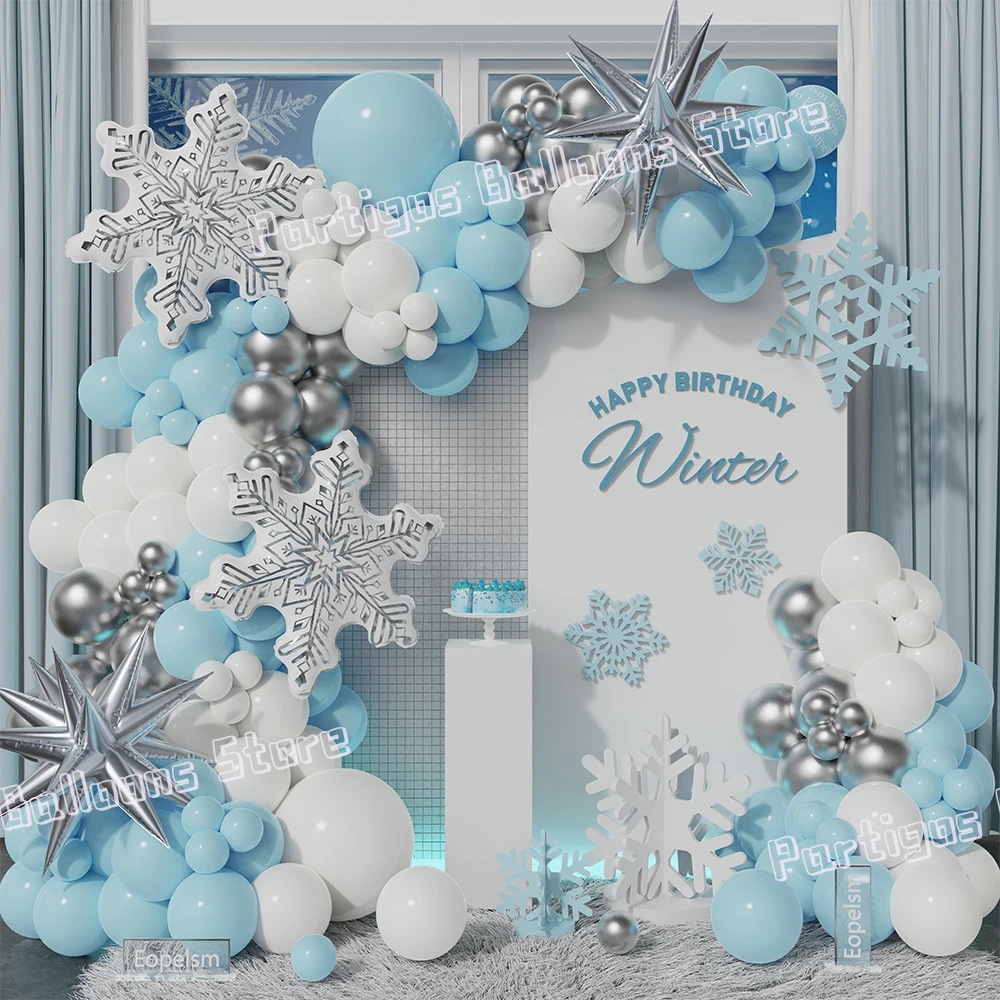 Transparent Dazzling Snowflake Balloon Garland Sky Blue Silvery Metal Latex Balloon Ice Snow Winter Wonderland Christmas Decor