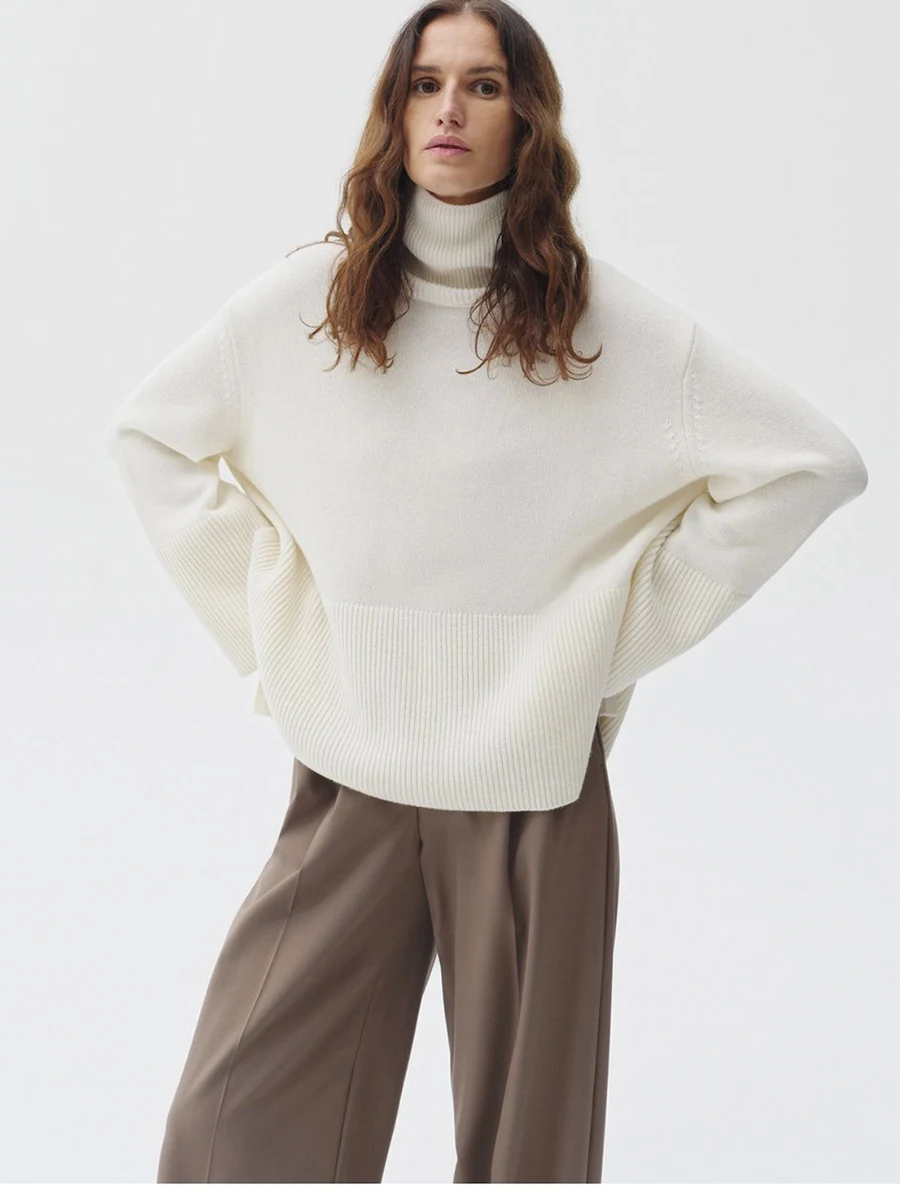 

Retro Oversized Pullover Sweater for Women Fashion Warm Turtleneck Slit Knitted Top Autumn Winter Solid Loose Casual Jumpers