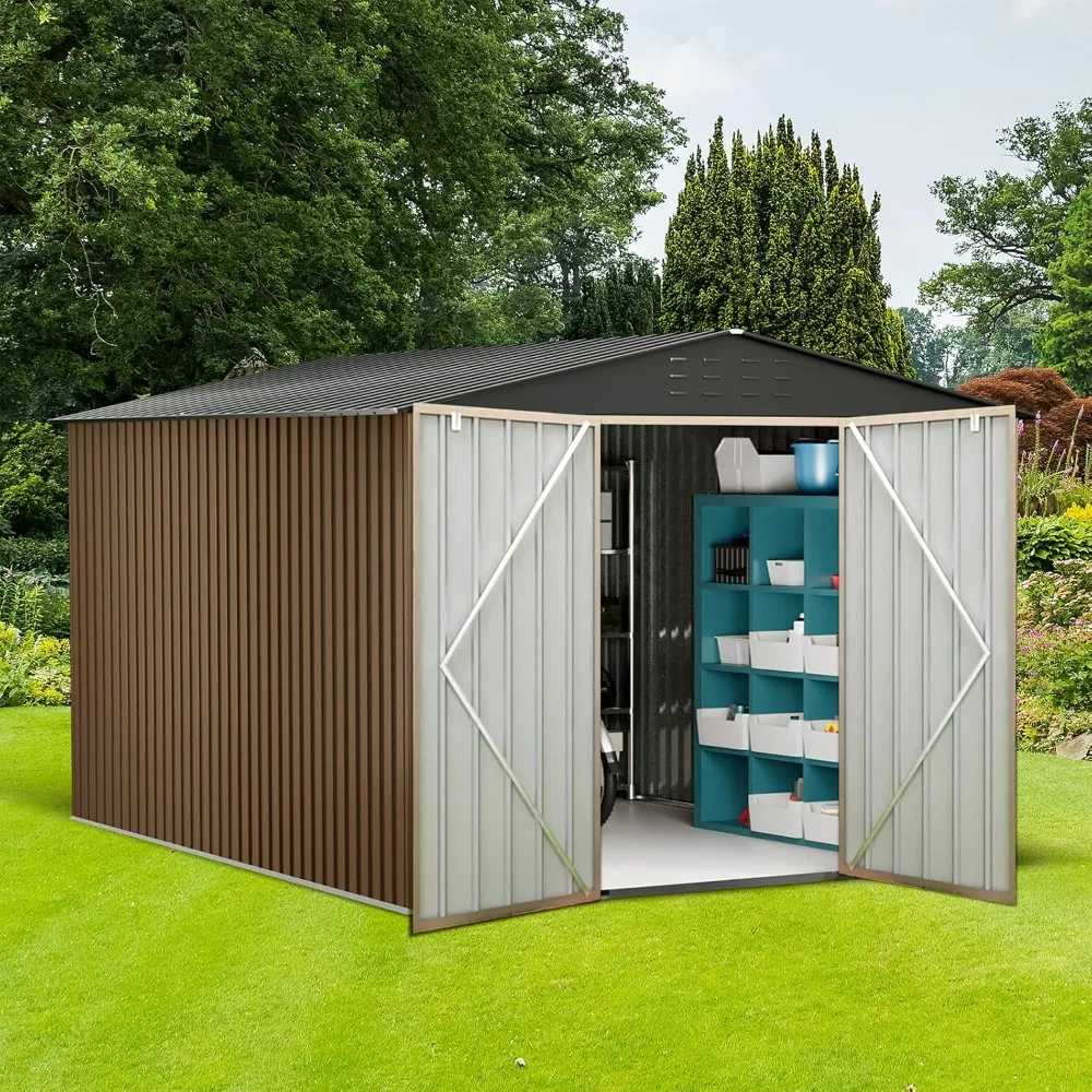 10x12 Ft Outdoor Metal Storage Shed, Galvanized Steel Garden Sheds with Lockable Doors, Extra Large Utility and Tool Storage