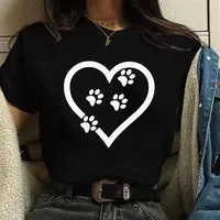 Fashion Women's Love Dog Paw Print Pattern Printed Shirt Personalized Creative Dog Paw Print Round Neck Short Sleeve T-Shirt Top