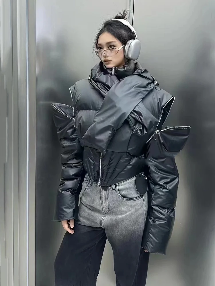Chaqueta corta de plumón con capucha desmontable para mujer, Chaqueta de algodón con plumón de pato blanco, manga con cremallera desmontable, prendas de vestir cálidas Parker