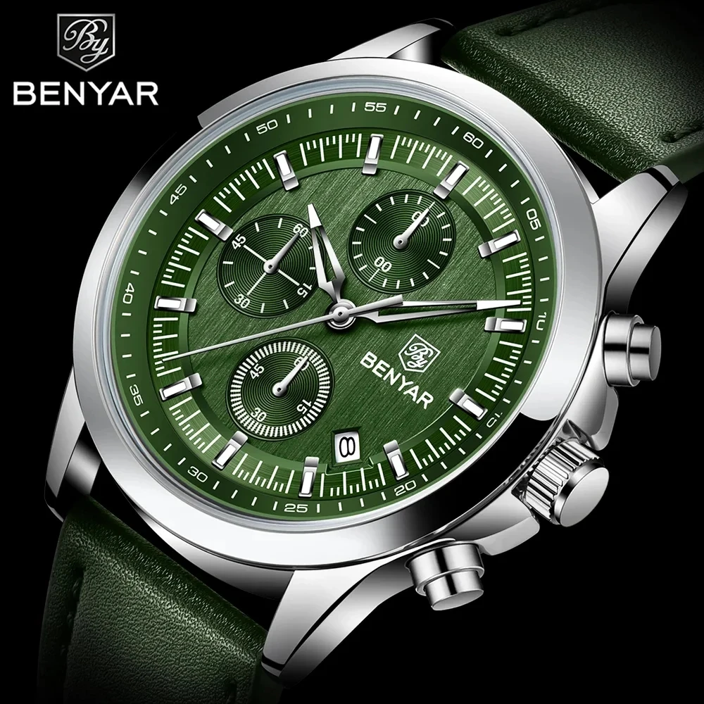 BENYAR 2025 جديد أزياء الرجال 42 مللي متر الهاتفي ساعة كوارتز الفولاذ المقاوم للصدأ توقيت رمز التقويم ضوء الليل 5bar مقاوم للماء reloj hombre