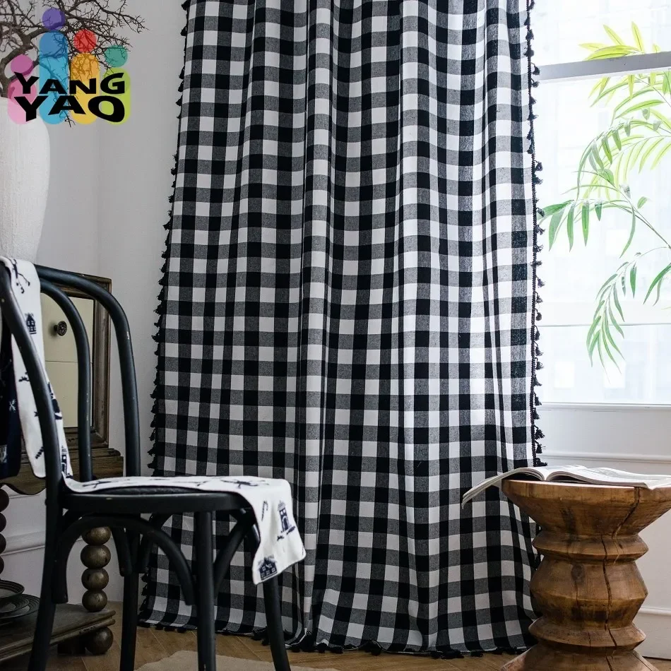 Imagem -02 - Cortina Xadrez Preto e Branco com Borla Linho de Algodão Darpes Quarto Bay Window Curtain Estilo Americano Deco