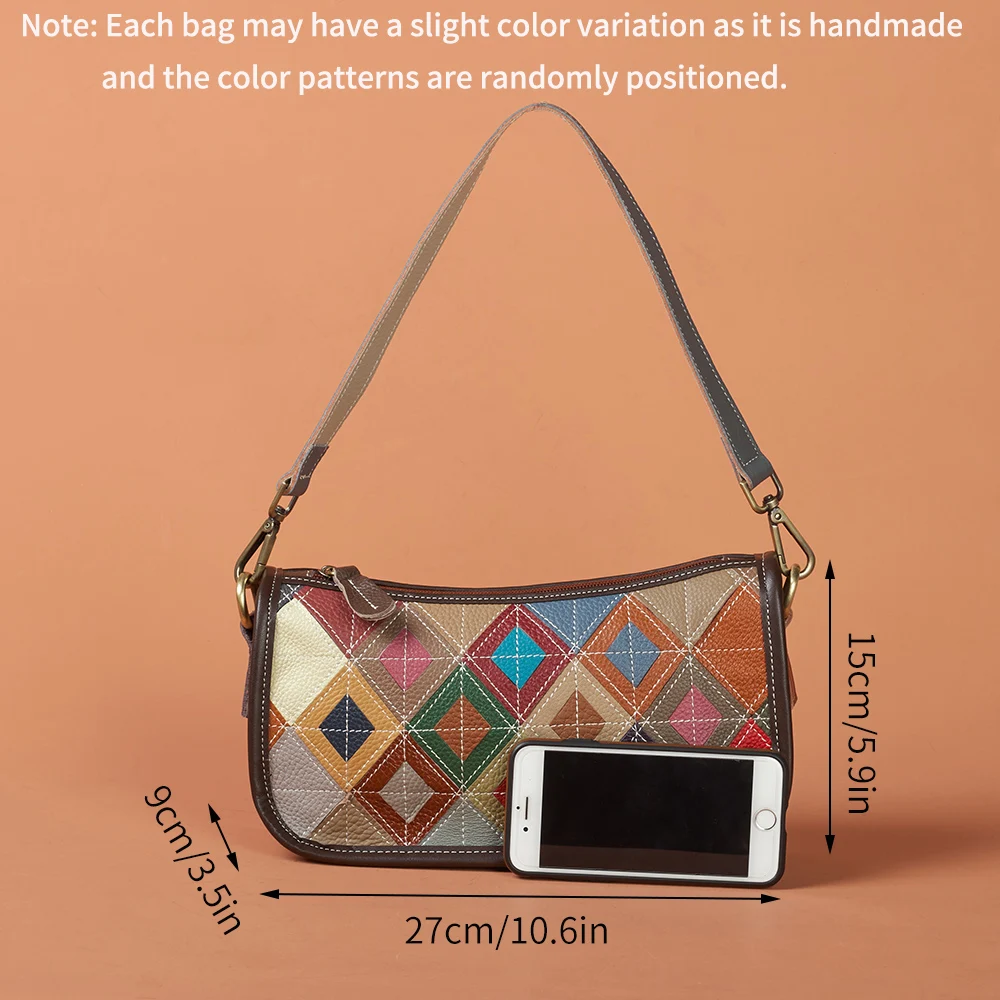 Colorful Leather Crossbody Bag for Women, Ethnic Diamond Quilted Travel Purse with Adjustable Shoulder Strap & Colorblock Design
