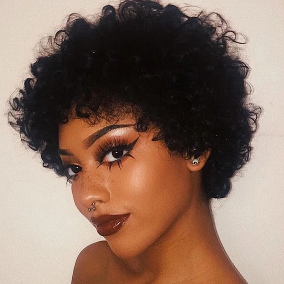 

Short Afro Curly Pixie Cut Layered Brazilian Remy Human Hair Wigs with Curlved Bangs Black Color 4 Inch 150 Density Glueless Wig