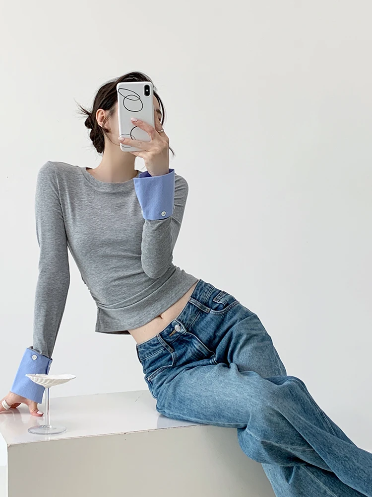 

Design Sensation Women's Slim Fit T-irt with Pleated Splice Sves Base Layer irt for Autumn Two-Way Wear Casual Sle