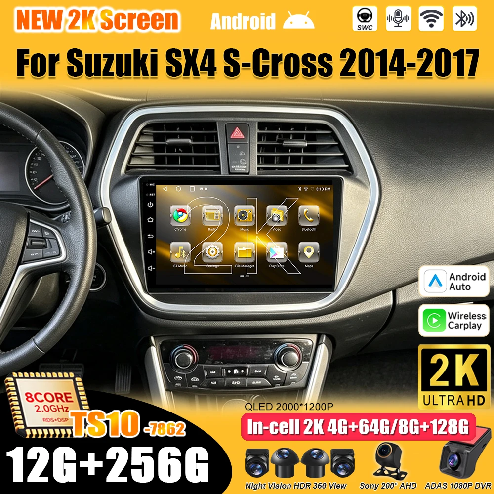Android 16 For Suzuki SX4 S-Cross 2014-2017 Car Radio Stereo Head Unit Multimedia Video Player GPS Navigation 2K QLED 9 Inch 5G