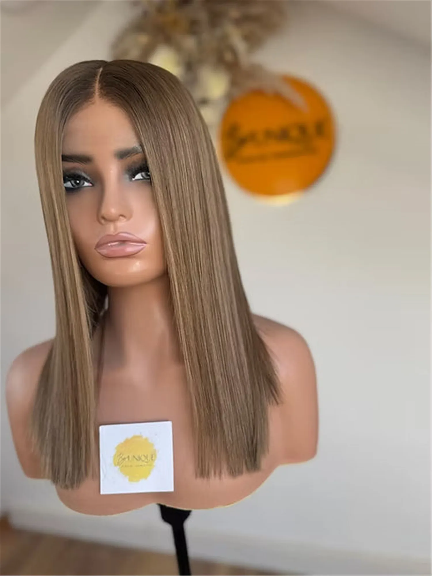 14 Inch Short Straight Bob Glueless Wigs 13x4 Middle Part Ombre Light Brown High Quality Synthetic Lace Wig For Women Balayage
