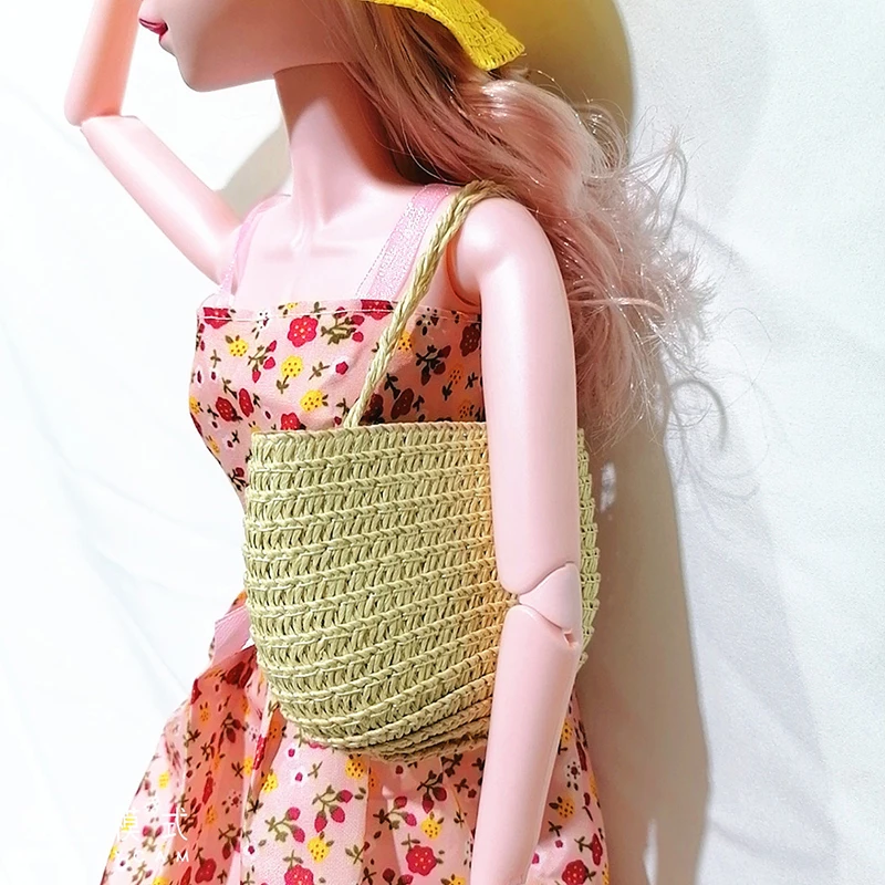 1/12 Dollhouse Woven Bread Basket Shopping Basket Straw Handbags Dollhouse Weaving Beach Bag For Dolls Miniature Decoration