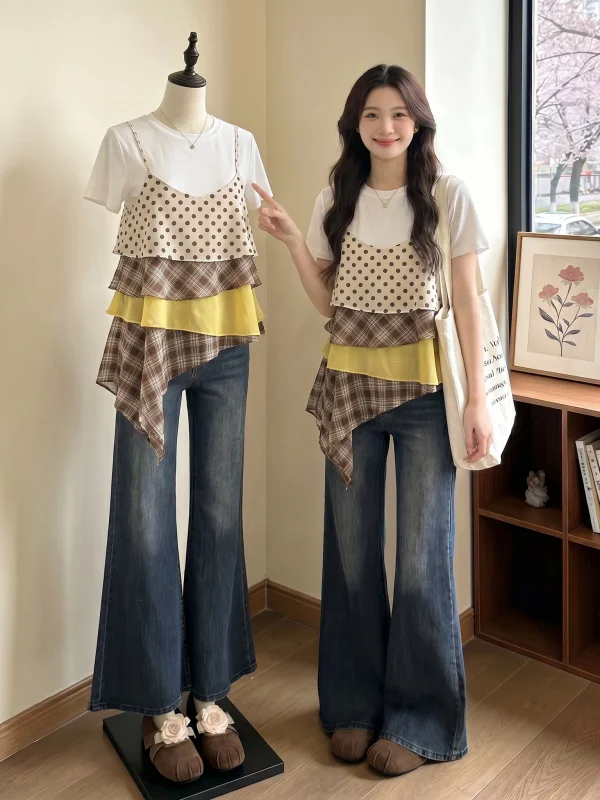 Floral Lace Hem Tiger Print Crop Top Short Sleeve T-Shirt Women's Summer New Style plus Size Fat MM Two Piece Set Korean Style