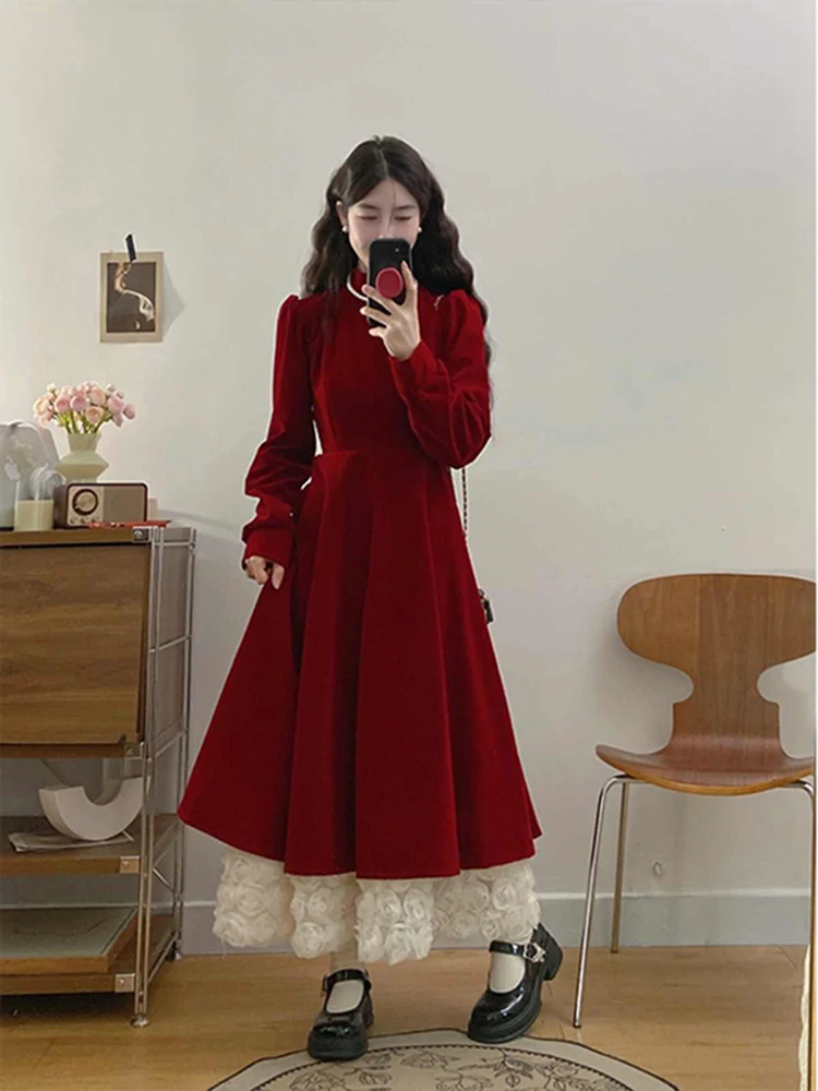 Vestido de veludo vermelho mangas compridas fino ajuste cintura cinching em camadas plissados saia linha a elegante temperamento festa vestidos de noite