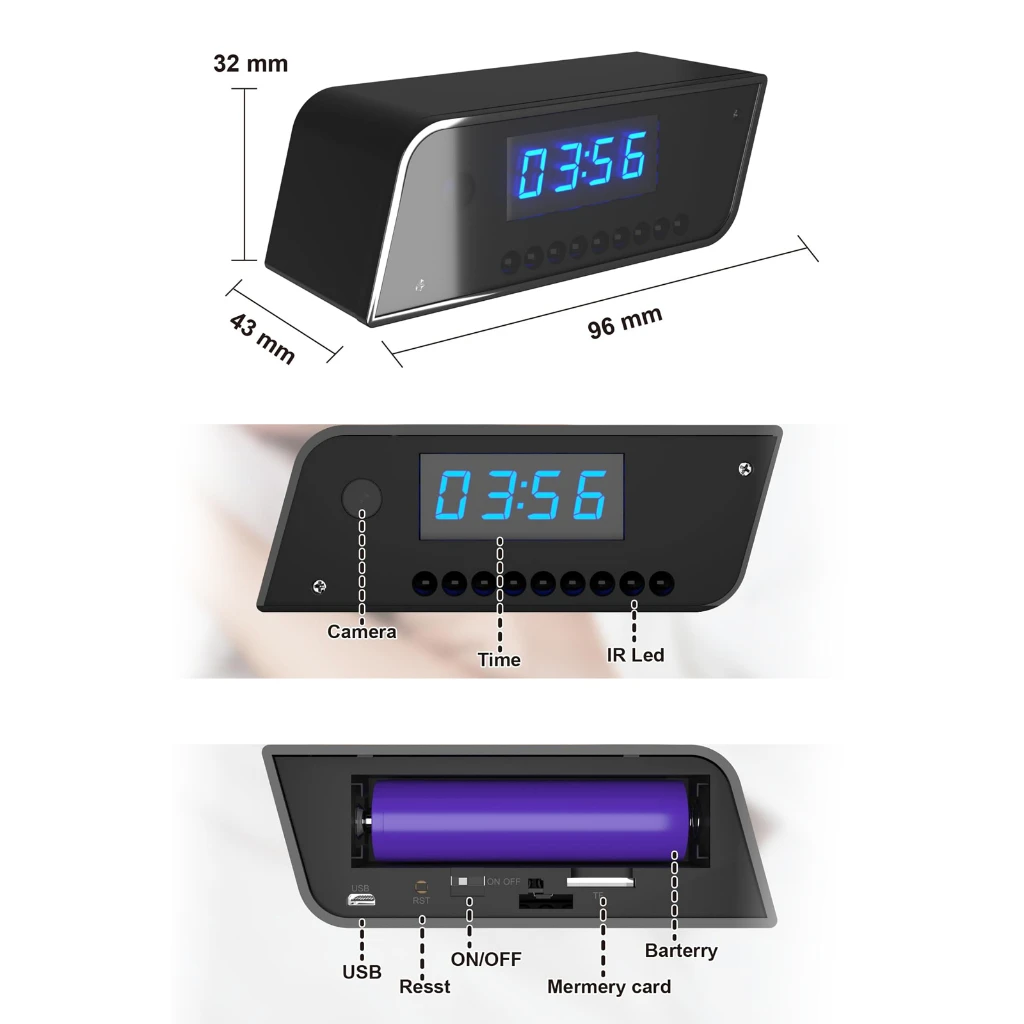 นาฬิกาปลุกขนาดเล็กปี 2025 พร้อมความละเอียดสูง 4K, โมดูล WiFi, วิดีโอการมองเห็นตอนกลางคืน, รองรับการดูระยะไกลสําหรับการป้องกันบ้าน