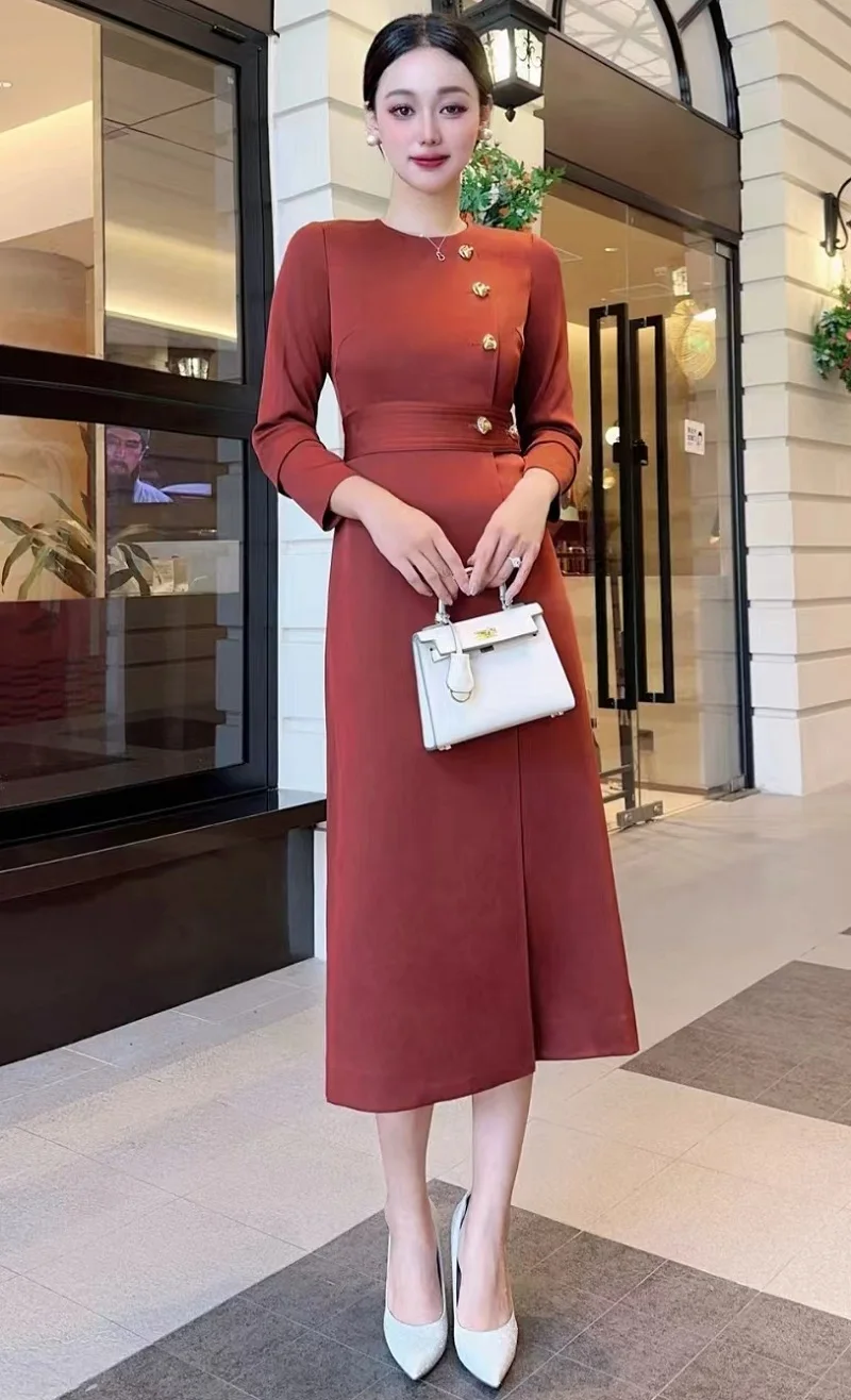 

XXXL Bodycon Dress 2024 Autumn Winter Cocktail Party Women Big Button Deco Long Sleeve Midi Brown Khaki Dress Special Occasion