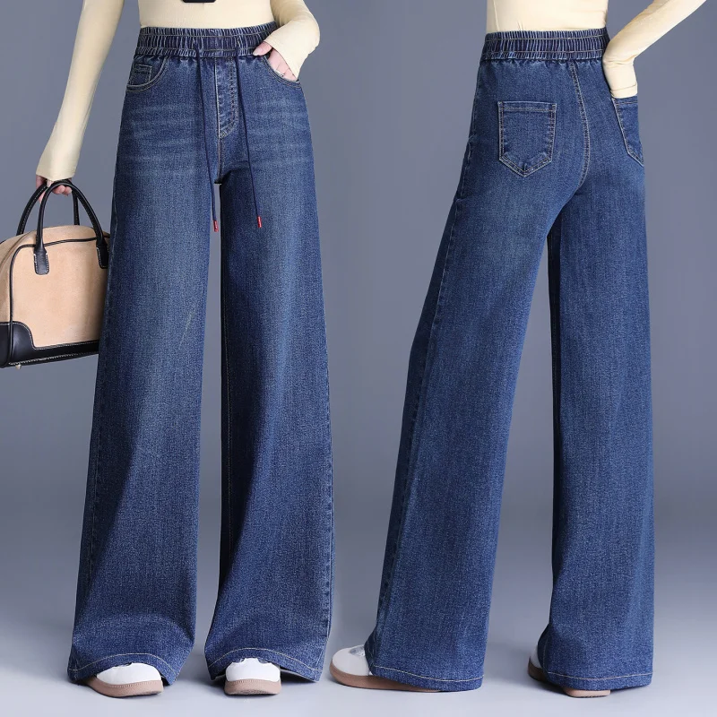 Jeans Herbst Neue Elastische Taille Plus Größe Slim Fit Breite Bein Hosen Dehnbare Drapierte frauen Hosen