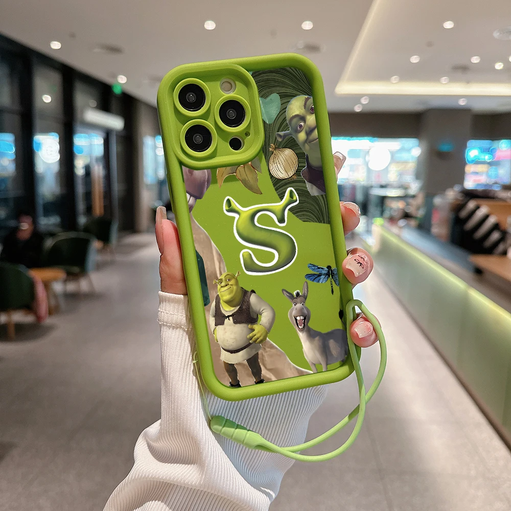 S-shreks-funda trasera de TPU suave con correa de mano para IPhone, carcasa divertida de dibujos animados para IPhone 15, 14, 13, 12, 11 Pro Max,