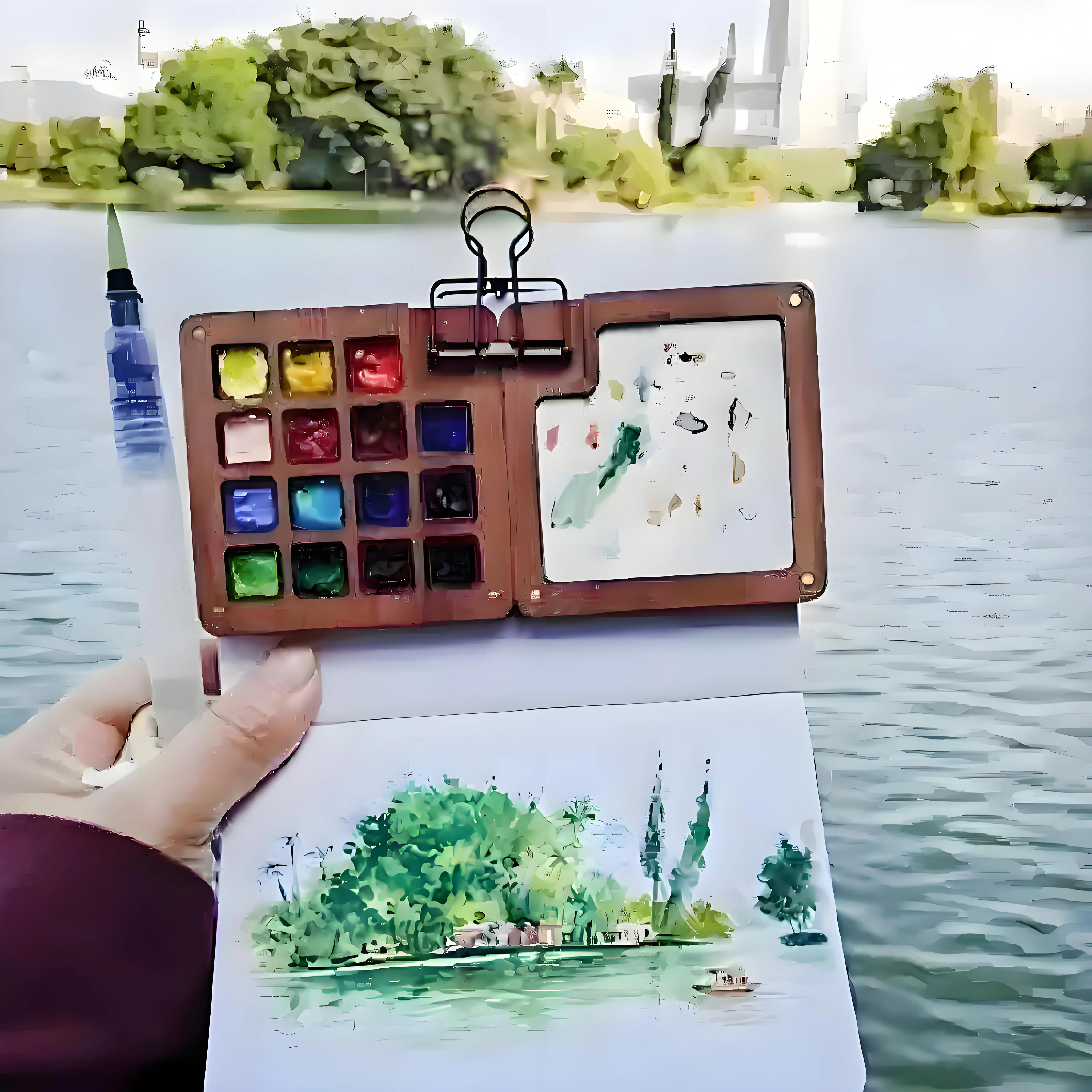 5-piece 15-grid Mini Wooden Watercolor Art Set, including 1 palette, 1 pointed brush, 1 flat brush, 1 clip and 1 sketchbook - a