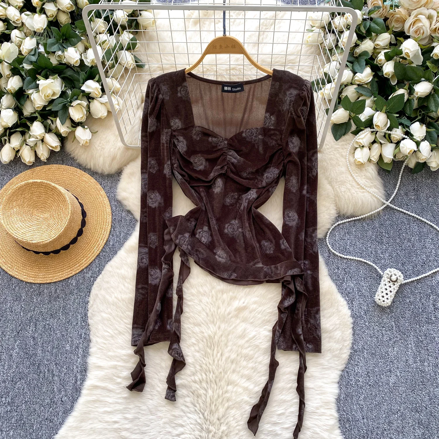 

Винтажная элегантная шикарная асимметричная сетчатая блузка с длинными рукавами, модная рубашка, повседневная женская рубашка феи