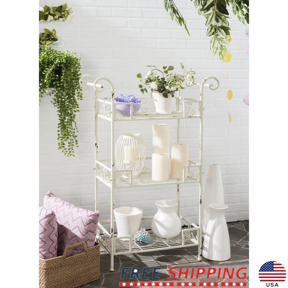 

Elegant 3 Tier Outdoor Shelf Iron Metal Plant Stand Storage Porch Patio Antique White Victorian Style Freestanding Assembly