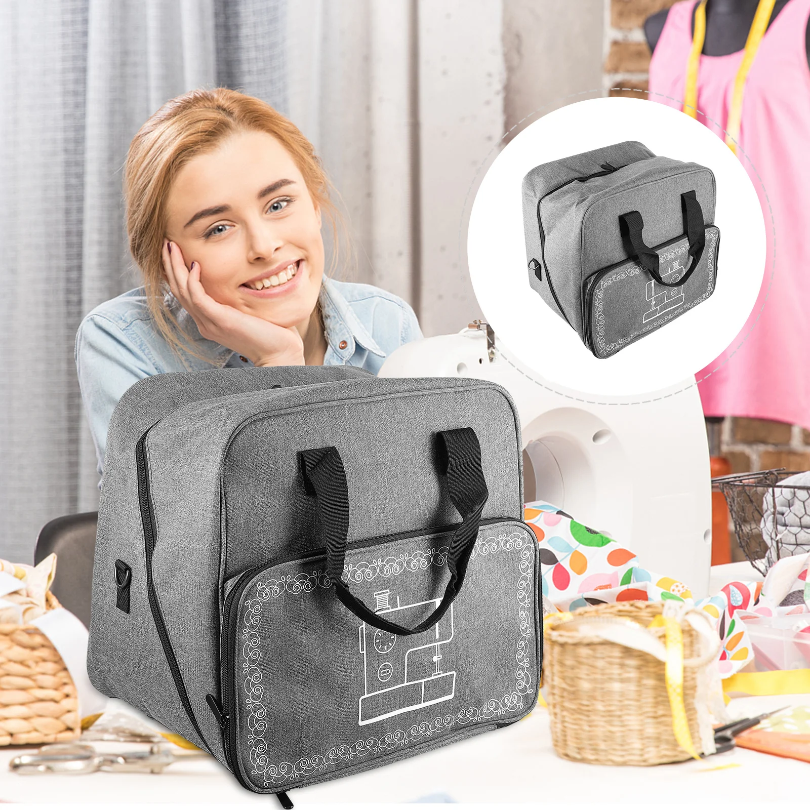 حقيبة ماكينة خياطة شديدة التحمل من قماش أكسفورد معززة بخياطة ذات سعة كبيرة لجميع أدوات الخياطة #5