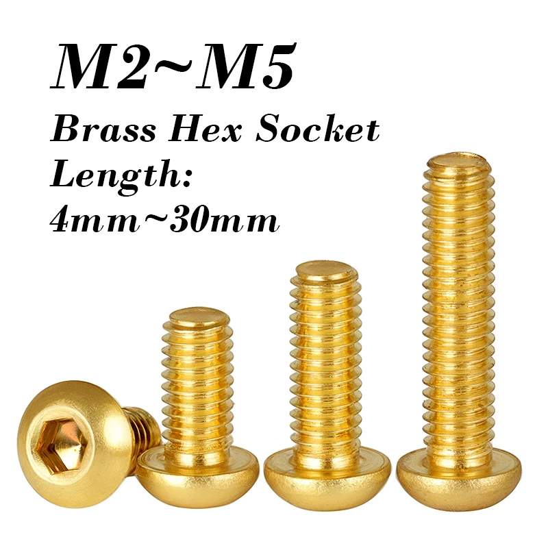 10~50 Pcs Brass Hexagon Socket Round Head Screw M2 M2.5 M3 M4 M5 Machine Pure Brass Hex Socket Pan Head Bolts