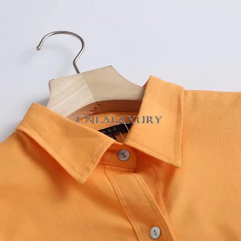 CNlalaxury Women Orange Cotton Linen Oversized Long Shirt Blouse Chic Female Casual Loose Shirt Blusas Femininas Tops