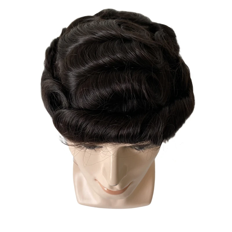 أنظمة الشعر البشري المنغولية المموجة 32 مم، # 1b اللون الأسود 8x10 الدانتيل السويسري هوليوود الشعر المستعار للرجل الأبيض