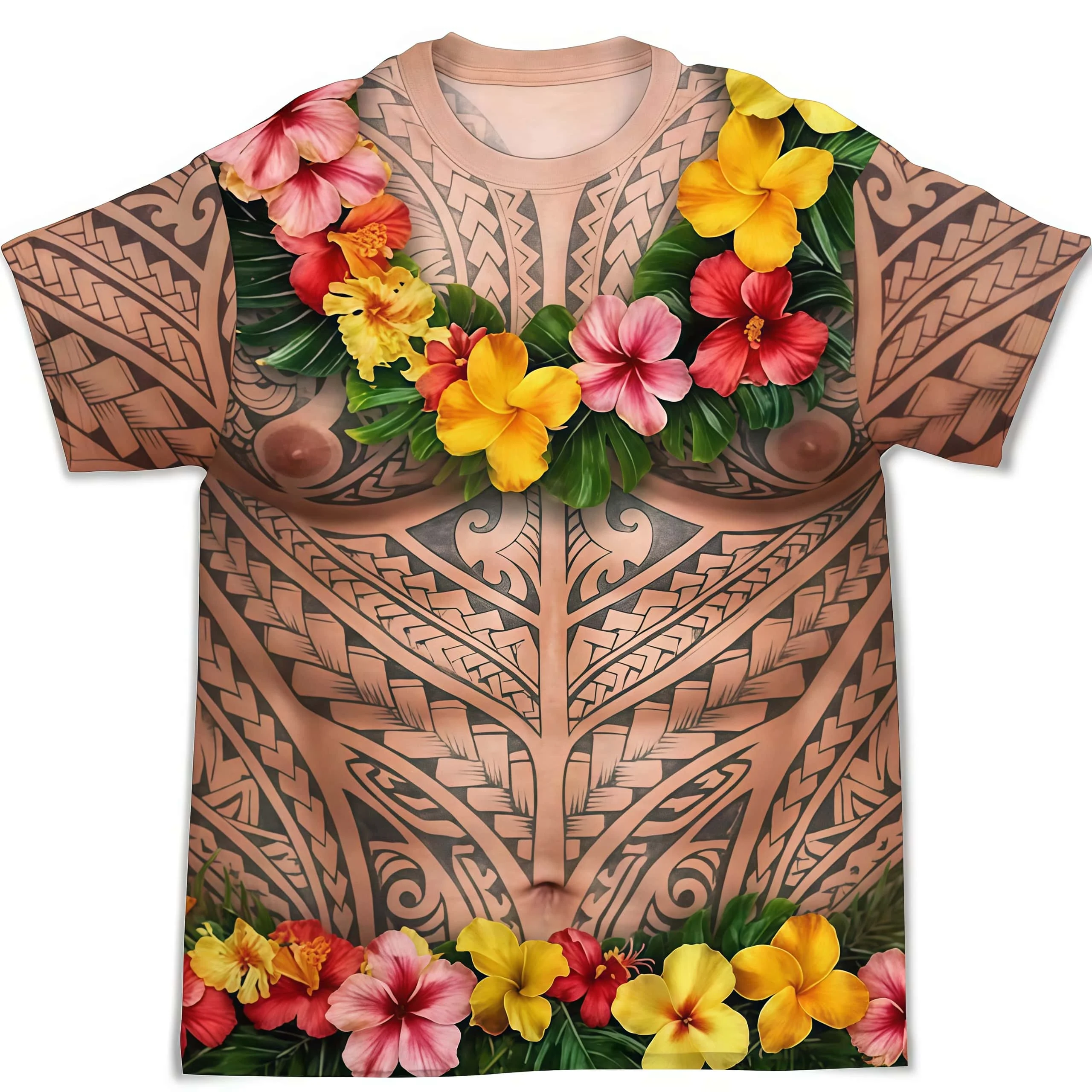 Tropical Fusang Flower 3D Printed Round Neck Short Sleeve T-shirt Hawaii Vacation Trend Loose Leisure Versatile Short Sleeve