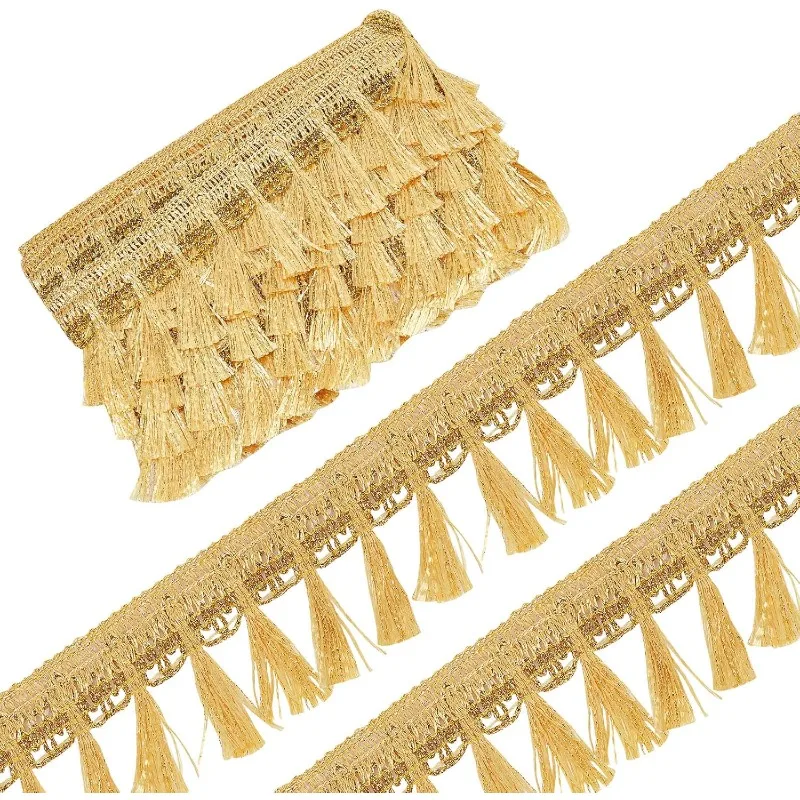 6 Yards Gold Fringe Tassel Trim 2.13” Polyester Fibre Fringe Lace Trim Ribbon Knitting Tassel Metallic Braided Edging Chainette