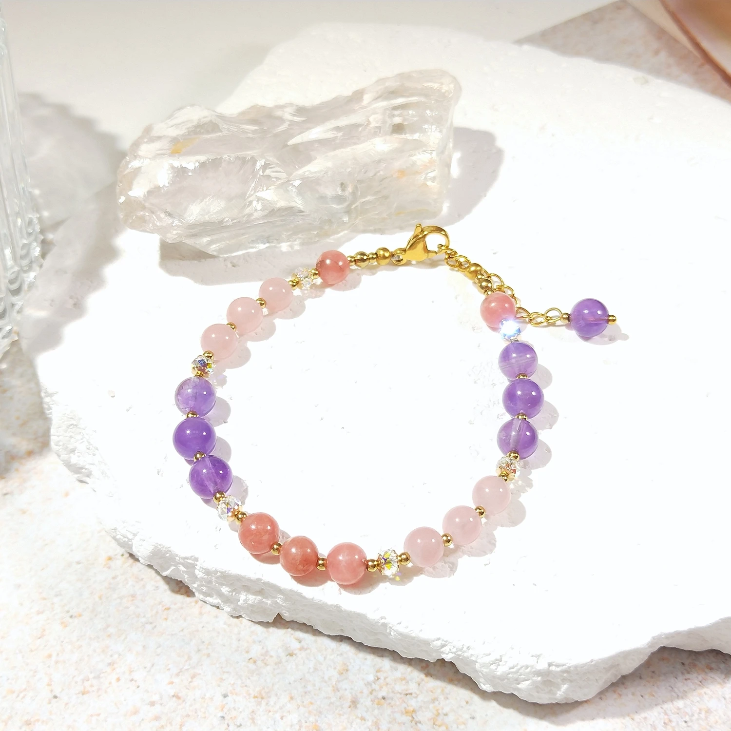 

Lii Ji натуральный родохрозит аметист розовый кварц 6 мм 14 К позолоченный браслет из нержавеющей стали модные украшения ручной работы