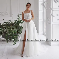 Jiayigong Sparkling Wedding Dress Bridal Gown Customized Square Neck Beading Sequin High Split A Line Arabic Bride Dresses