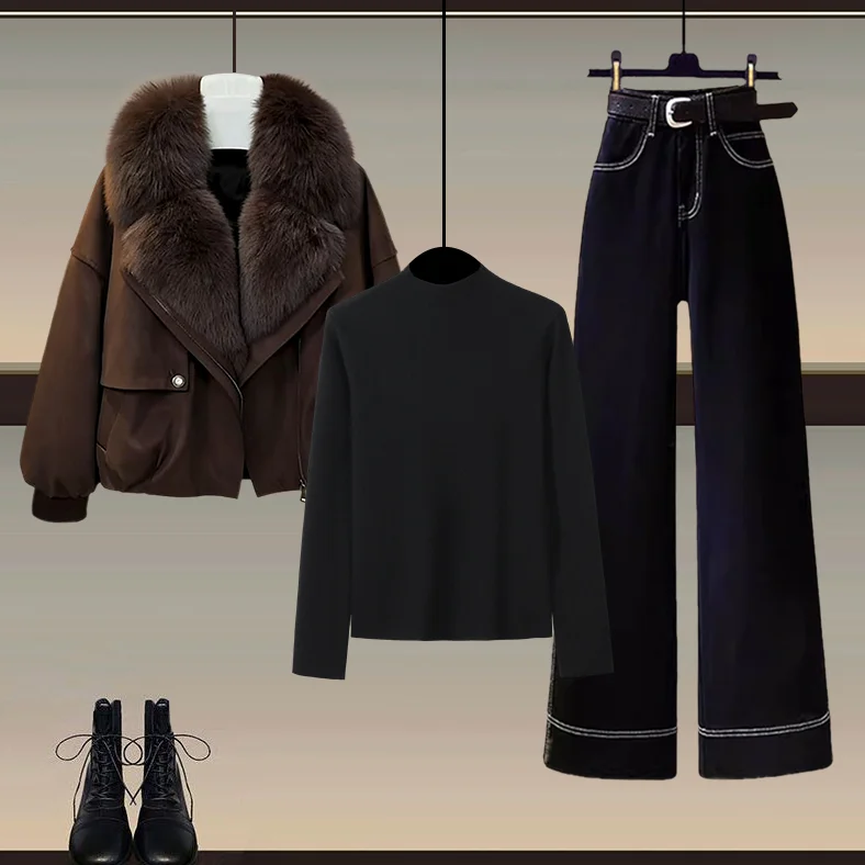 

Winter High Waist Denim Tee Piece Set Women's Vintage High Quali Warm Cotton Jaet Base irt And Jeans Faionable Ense...