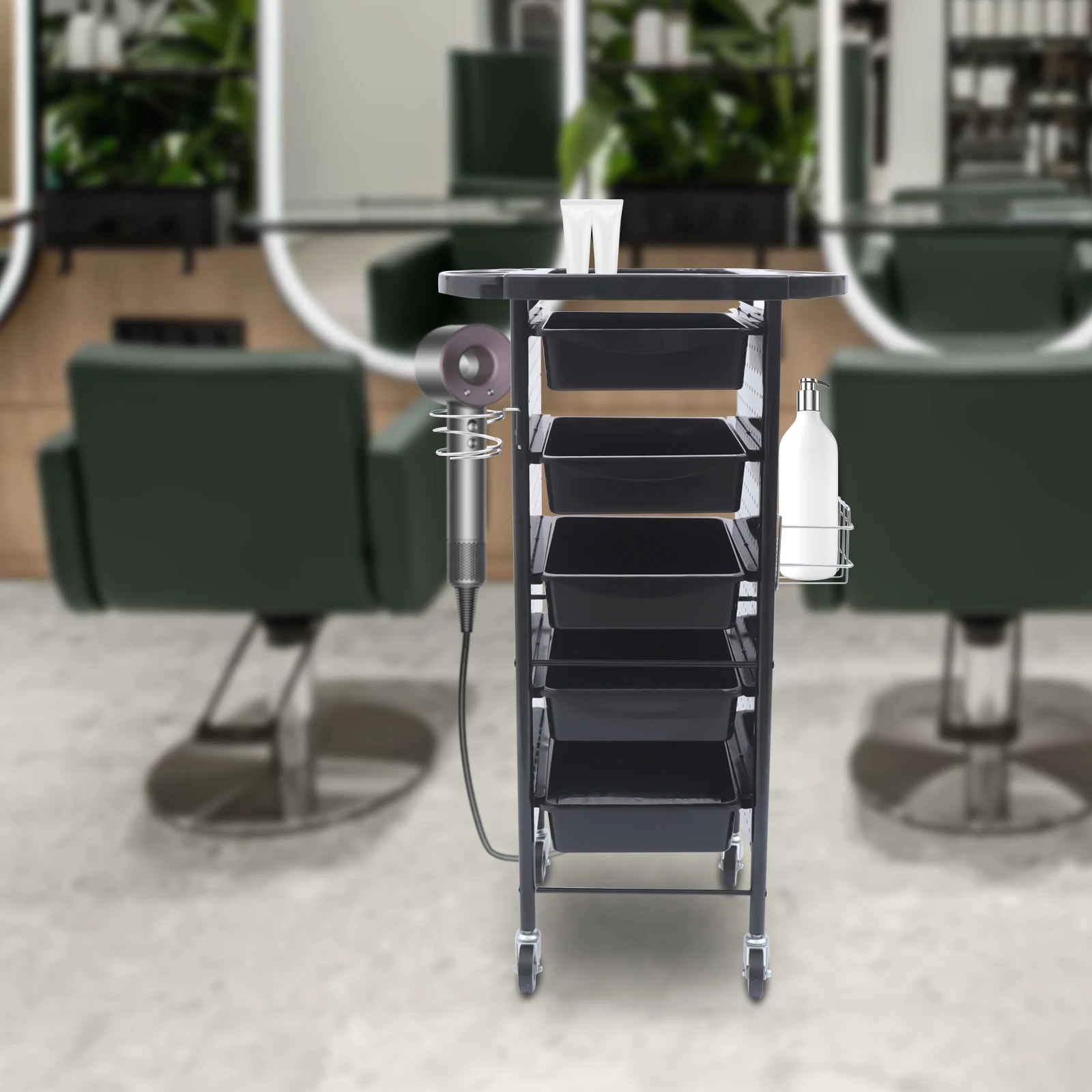 Hairdressing Rolling Salon Trolley w/ 5 Storage Compartments, Hair Dryer Holder, Service Side Tray, Beauty Spa Tattoo Barbershop