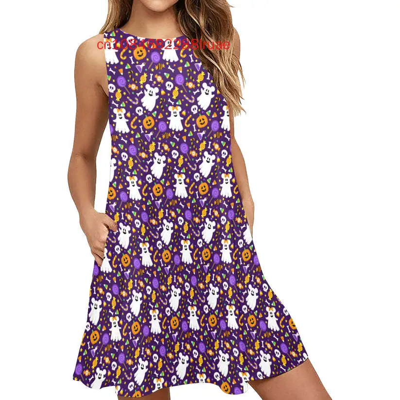 

2025 New Mickey And Minnie Halloween Sleeveless A-Line Pocket Dress Casual Beach Outfit Disney Street Fashion Y2K Dress