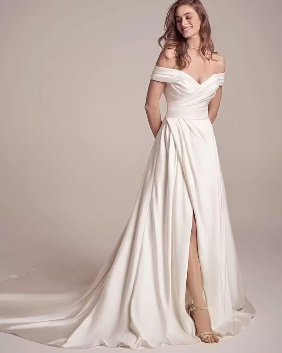 

Women's Off The Shoulder Satin Wedding Dress for Bride A Line Floor Lenght Formal Bridal Dresses with Slit