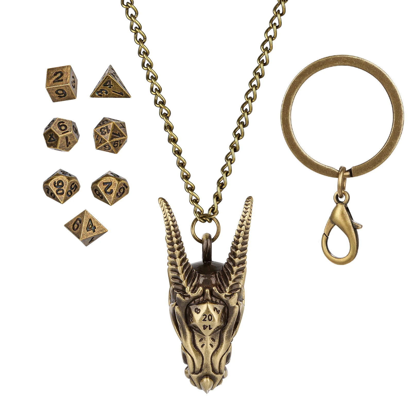 7 Pcs Mini Polyhedral Dice Set Antique Bronze Dragon Head Pendant Dice Holder Necklace With Keychain For RPG Tabletop Games
