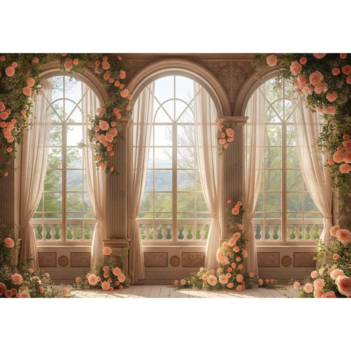 

Allenjoy Creamy Colored Floral Arch Windows Backdrop