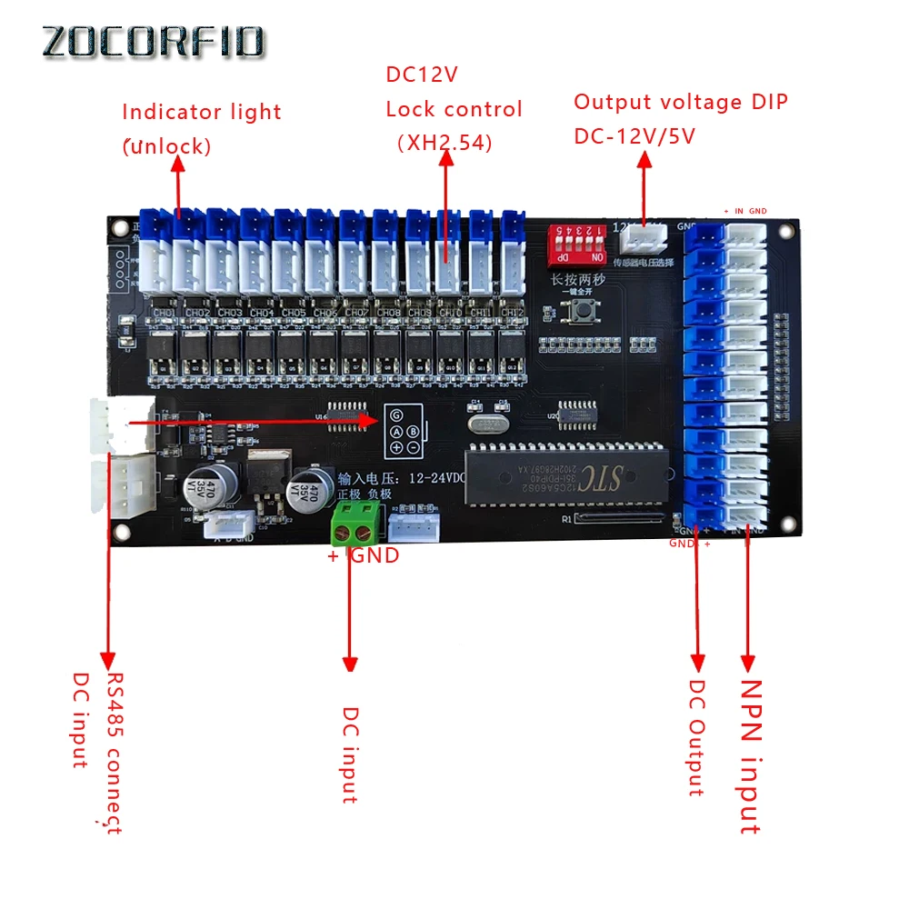 NPN Photoelectric Sensor Control Smart Cabinet Electric Control 12 ways RS485 Communication Lock Control Board