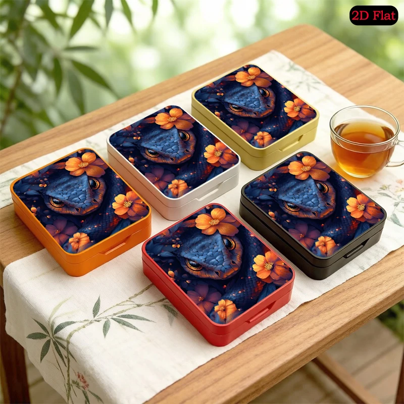 Blue Snake with Orange Flowers Theme Travel Tin Mini Pocket Flip Top Tin Box, UV Printed Portable Tinplate Box