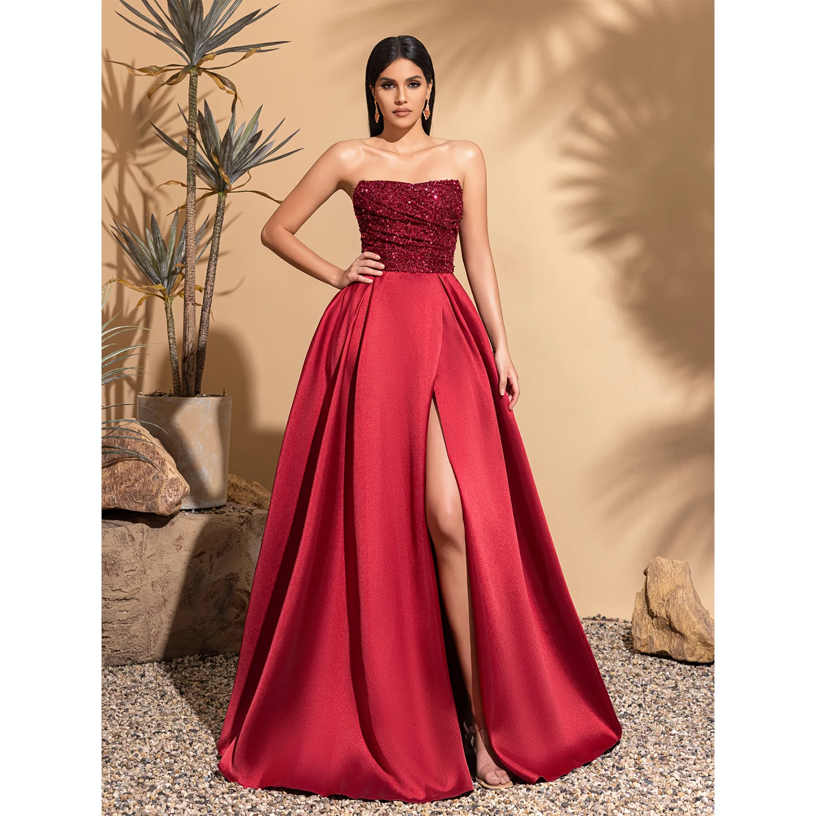 

Sequined tube top with satin hem dress, elegant and chic dress
