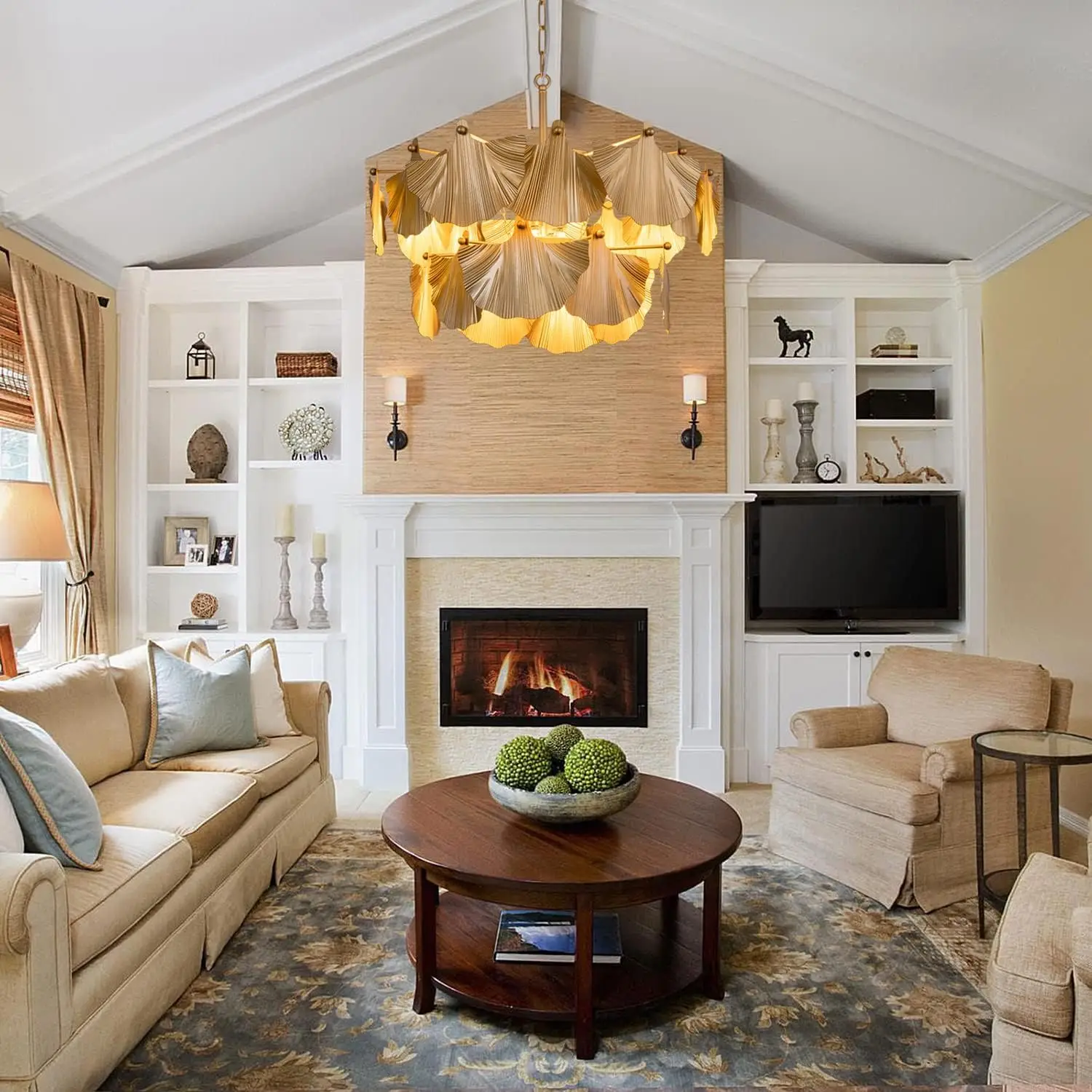 Modern Farmhouse Chandelier, Gold Chandeliers for Dining Room, Rustic Chandelier with Ginkgo Leaves, Ceiliing Light Fixture