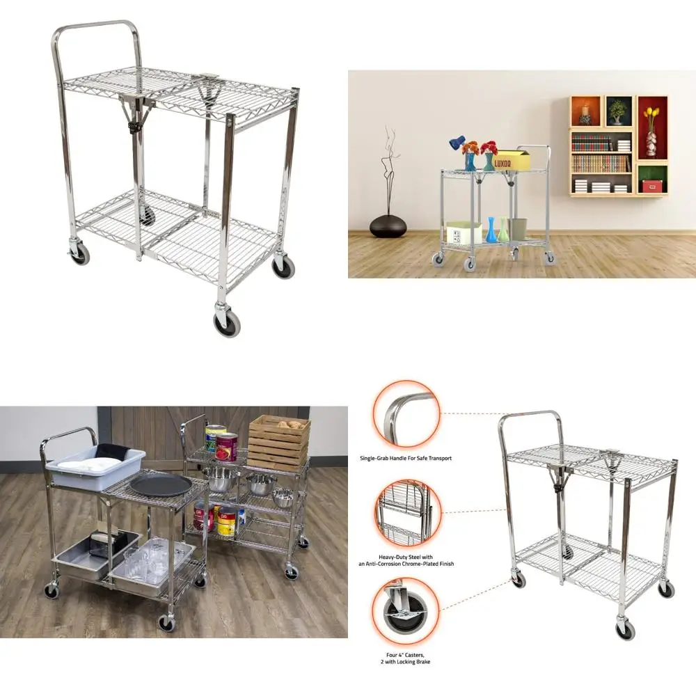 عربة سلكية قابلة للطي ذات رف مزدوج من Luxor WSCC-2 مع عجلات، شديدة التحمل بسعة 200 رطل، سهلة التخزين #1