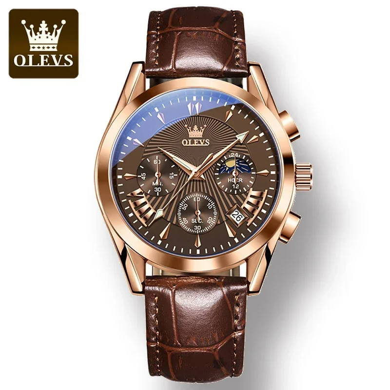 Olevs 2876 waterproof sport watches men genuine leather strap multifunctional luxury quartz men wristwatch luminous calendar